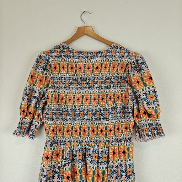 BODEN Smocked Bodice Puff Sleeve Midi Floral Deep V Dress Size 16/18R - Picture 14 of 15